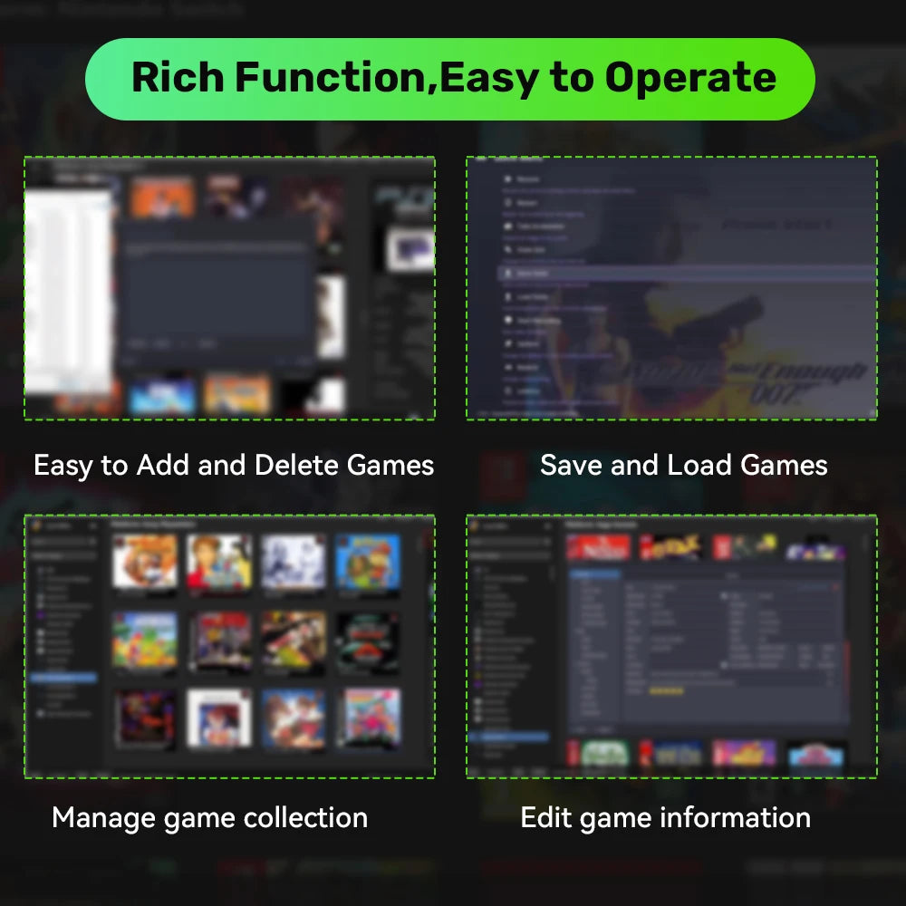 Four-panel screenshot showing retro gaming OS interface features for adding, saving, managing, and editing games.