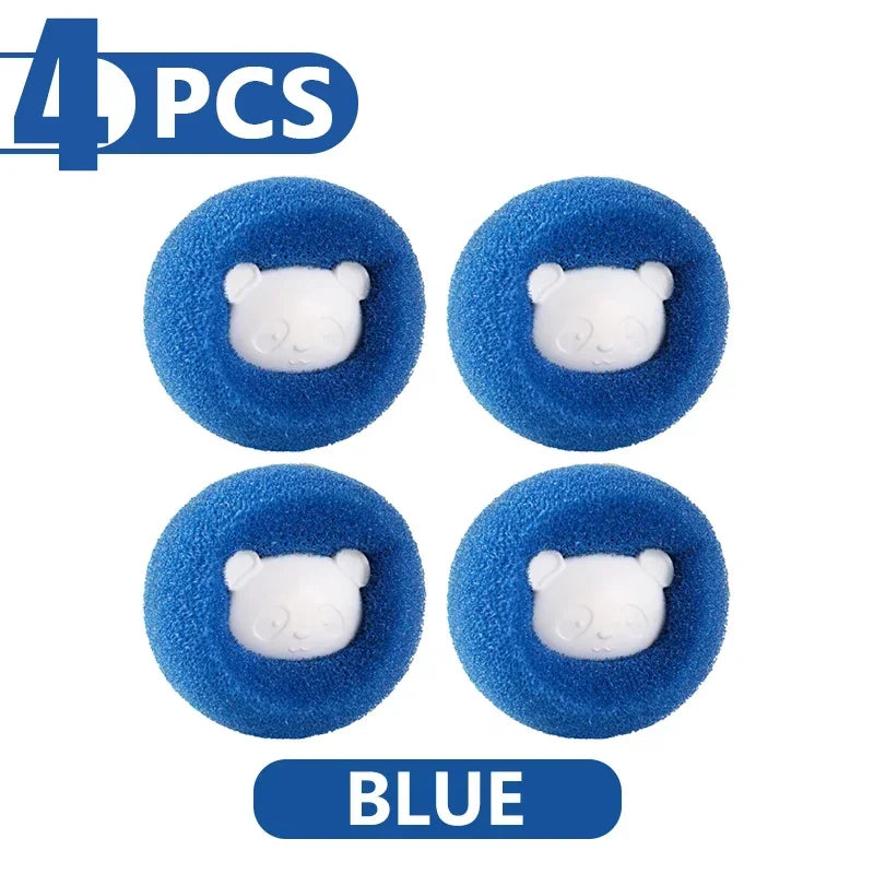 Set of four blue circular laundry sponge balls, each featuring a white, cute panda-shaped centre piece.