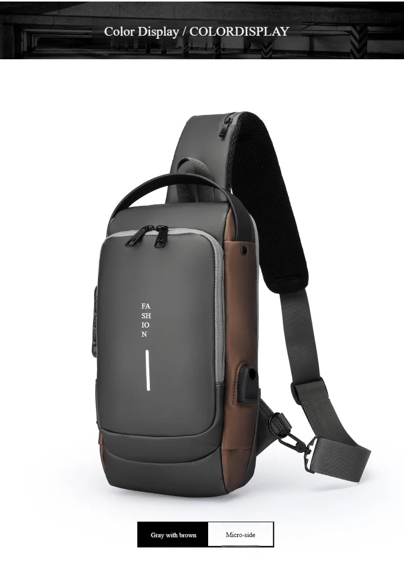 Grey and brown men’s anti-theft chest bag with a USB charging port, password lock, and adjustable shoulder strap.