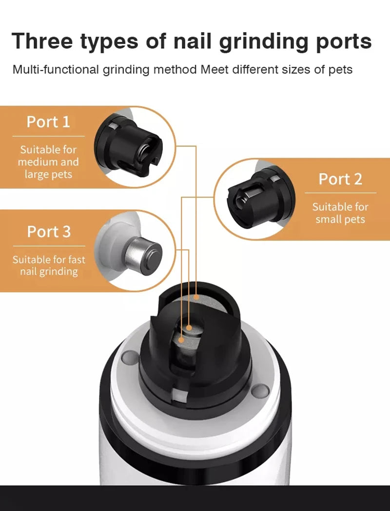 Electric pet nail grinder featuring three interchangeable ports for different pet sizes and fast nail grinding.
