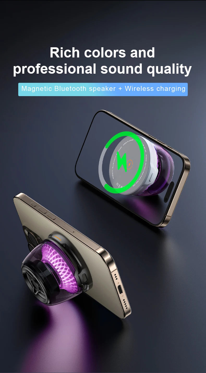 Small purple magnetic Bluetooth speaker attached to a smartphone, featuring an illuminated glowing design.