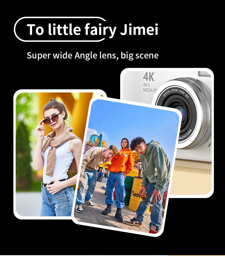 White 4K digital camera featuring an 18x digital zoom lens, shown with sample photography of people outdoors.