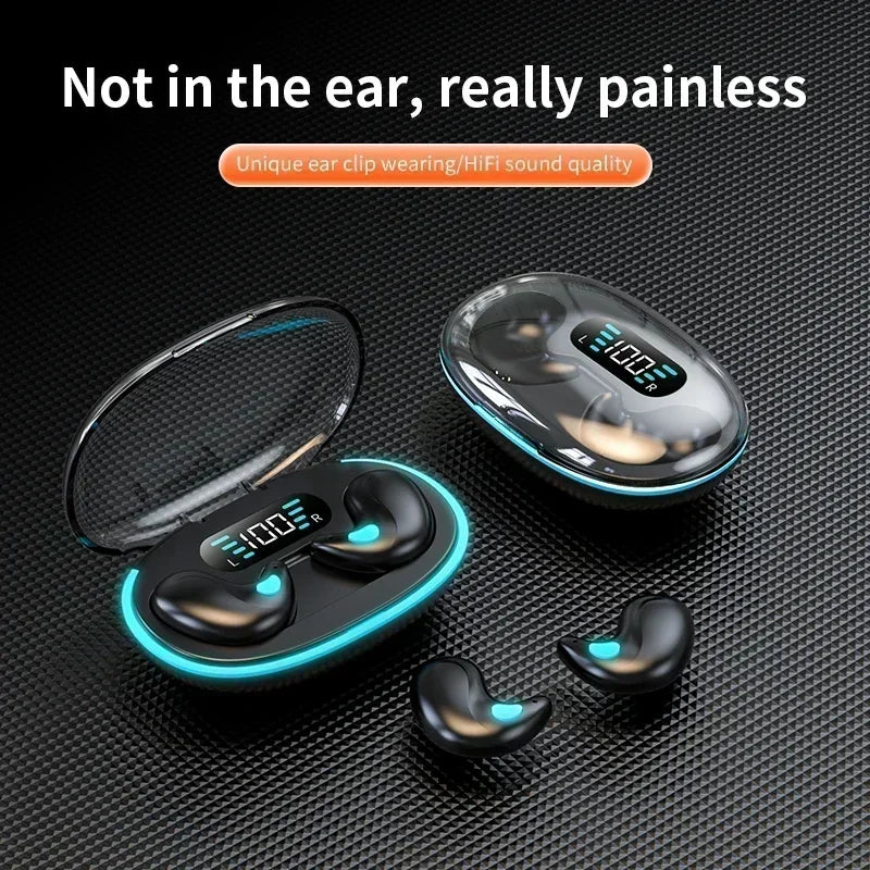 Black ear-clip wireless earphones with a blue glowing LED charging case featuring a digital battery display.