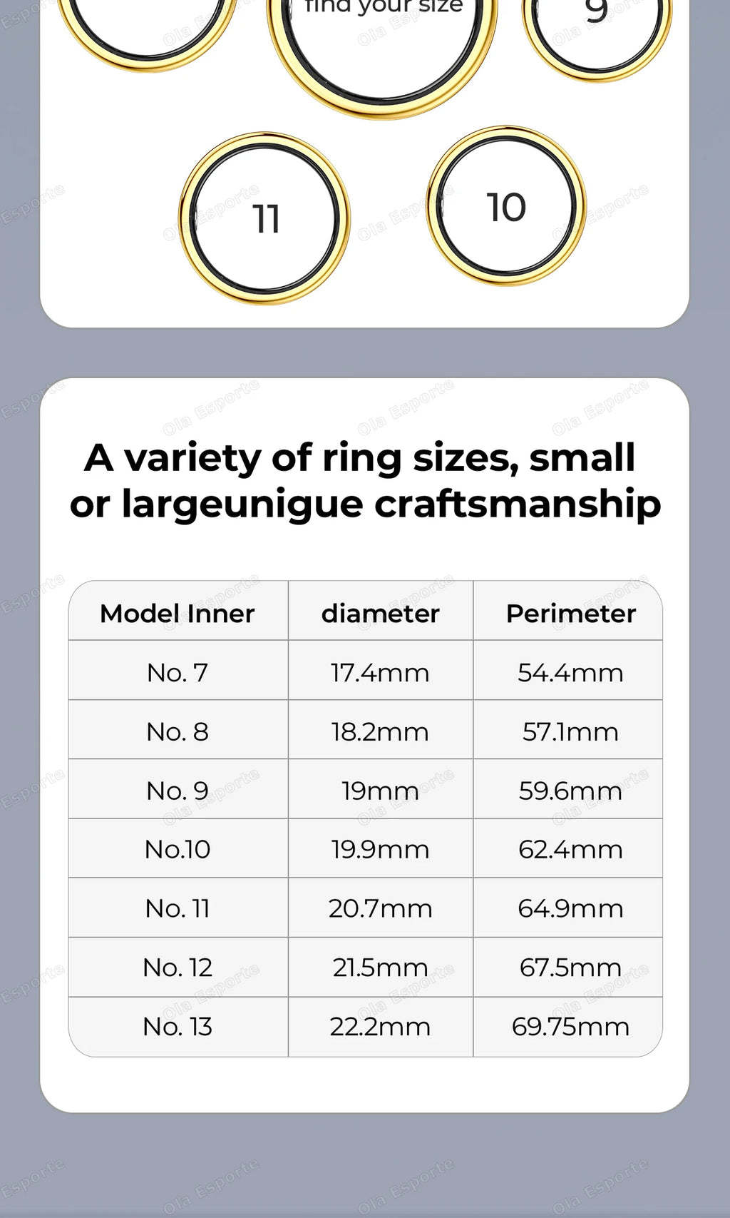 Gold-tone smart fitness tracking ring shown in various sizes, with a sizing guide table for diameter and perimeter.