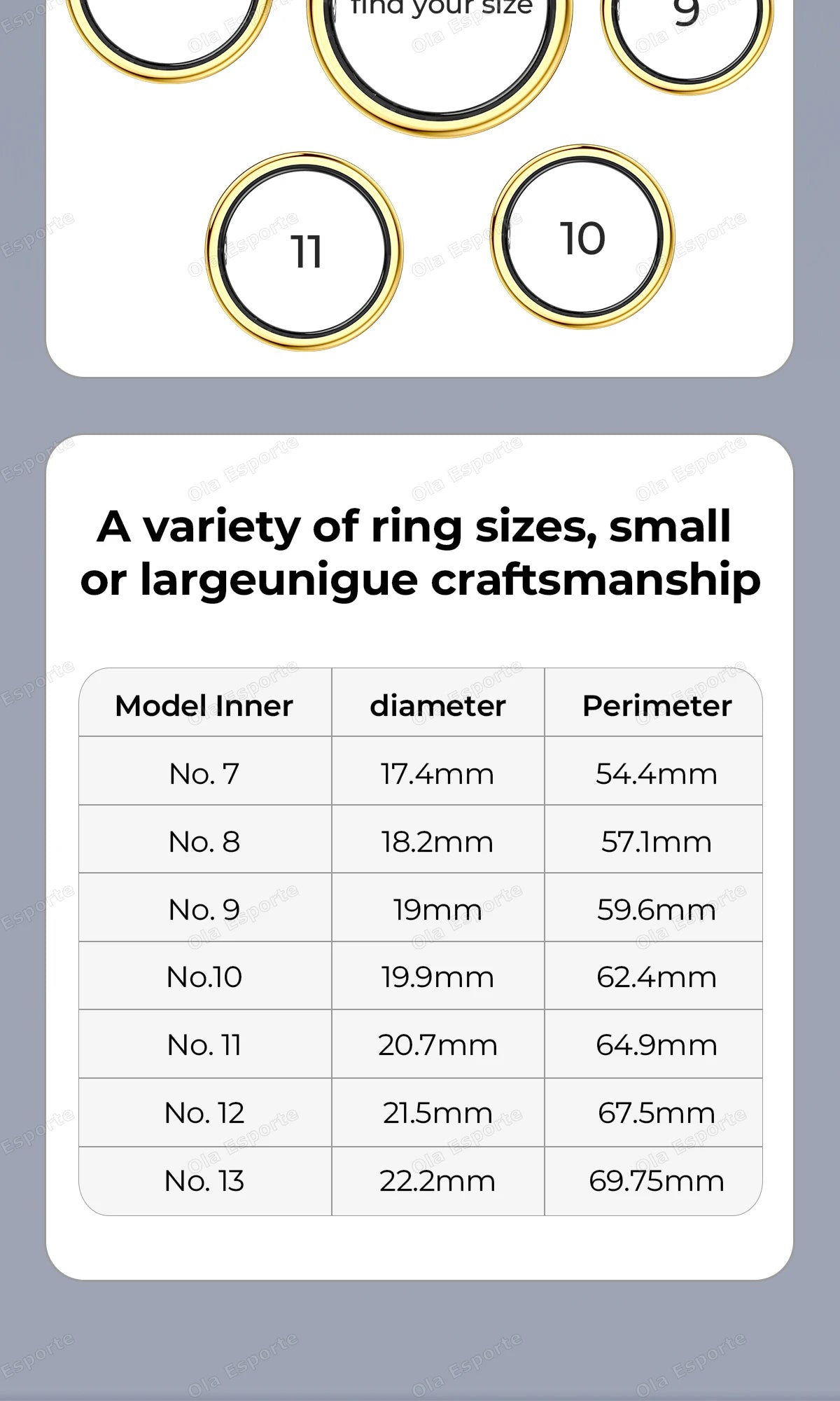 Gold-tone smart fitness tracking ring shown in various sizes, with a sizing guide table for diameter and perimeter.