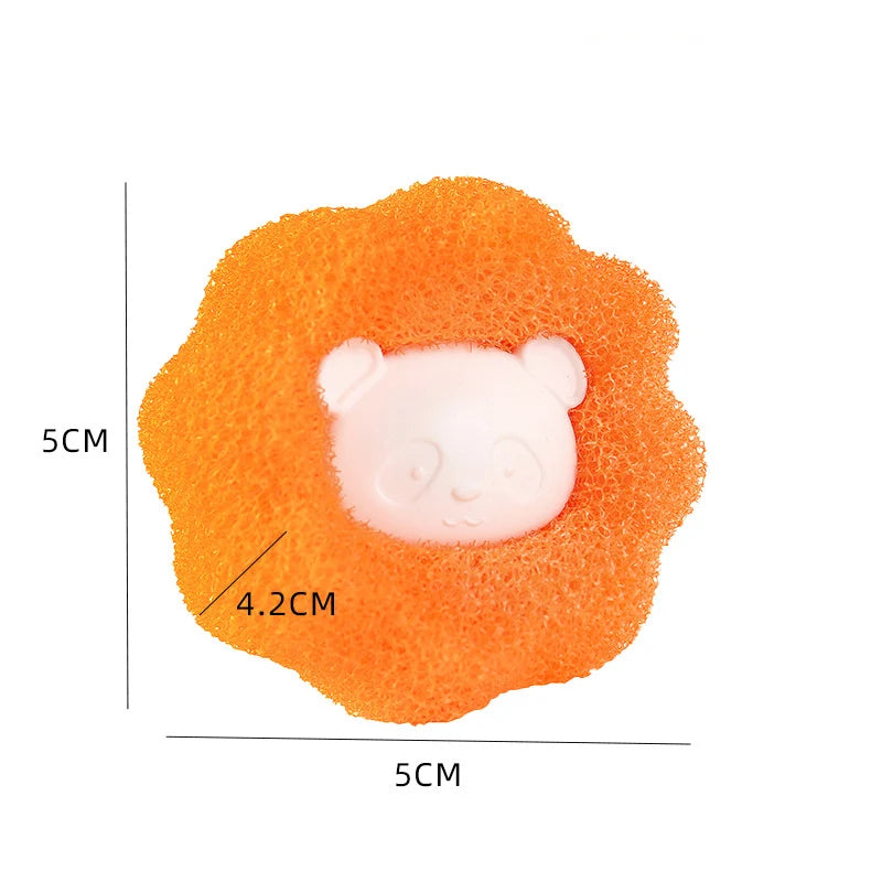 Orange textured cleaning sponge with a central pale pink panda character, annotated with 5cm and 4.2cm measurements.