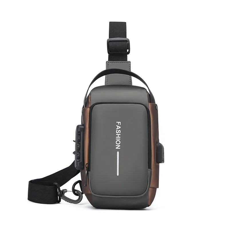 Grey and bronze anti-theft crossbody sling bag with a built-in USB charging port and adjustable shoulder strap.