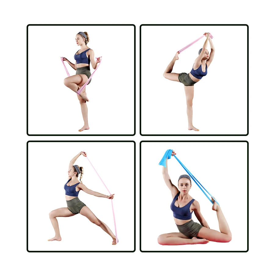 A woman in gym wear performing yoga poses using pink and blue resistance bands. Four-panel composite image.
