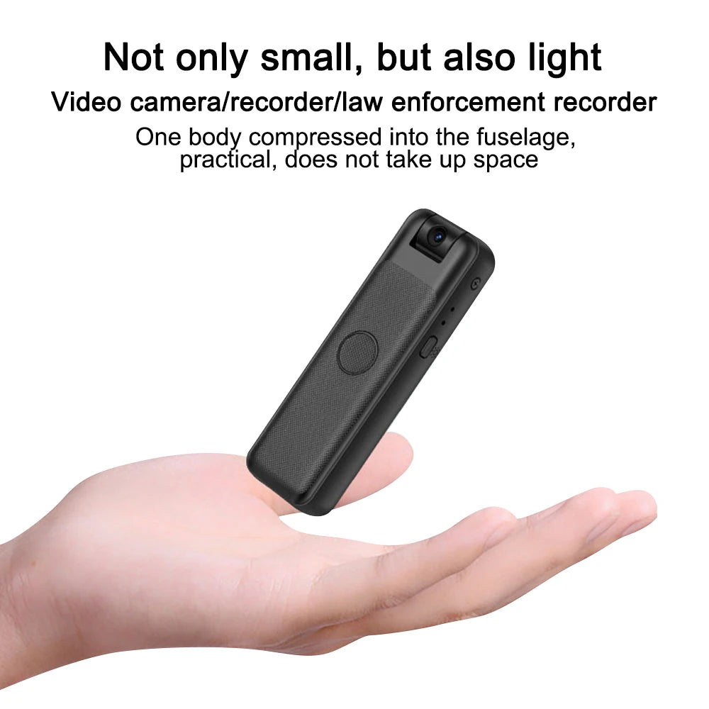 Small black plastic body camera with a top-mounted lens, held in a person's palm for scale.