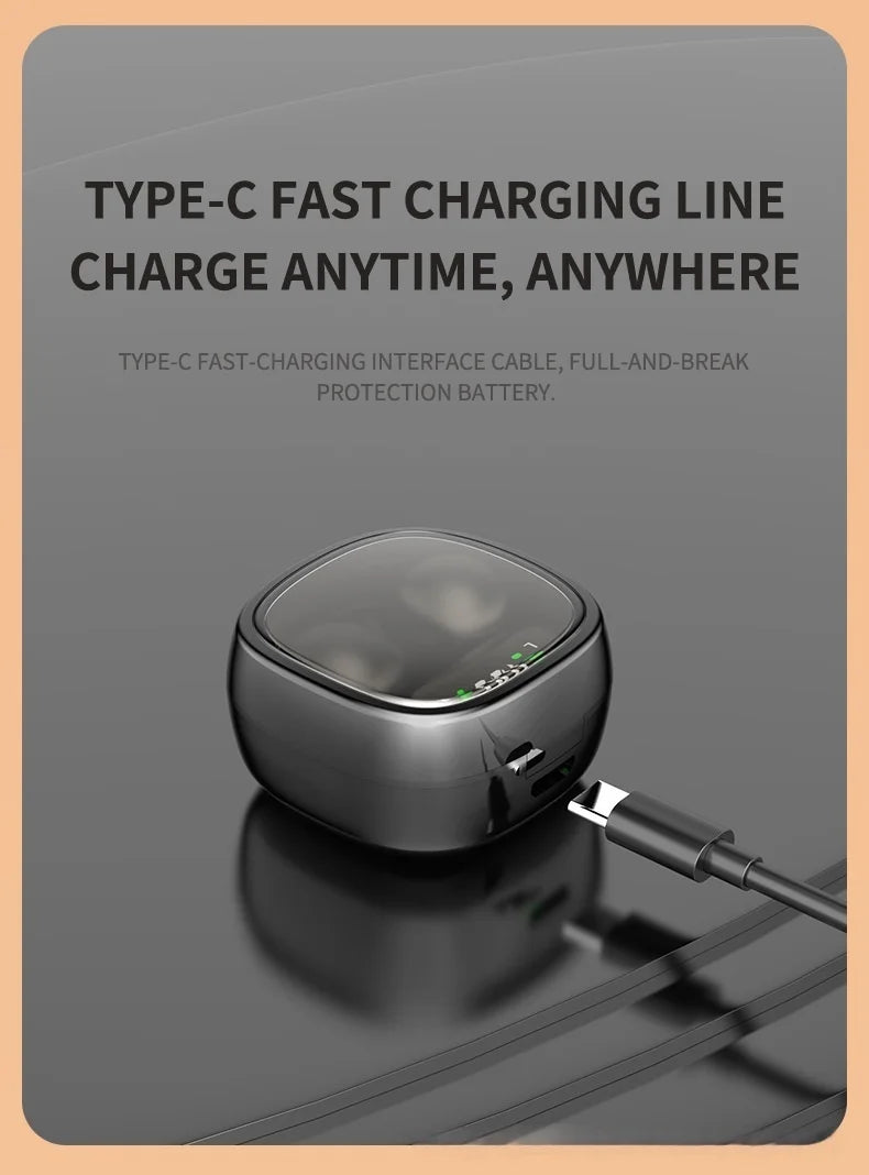 Black wireless earbud charging case with a transparent lid and LED display, being charged by a USB-C cable.