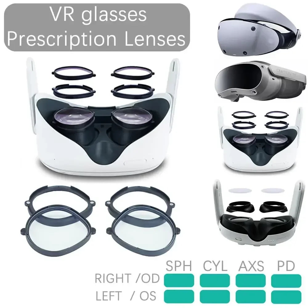 White VR prescription lenses with black magnetic frames and clear circular optical inserts for headsets.