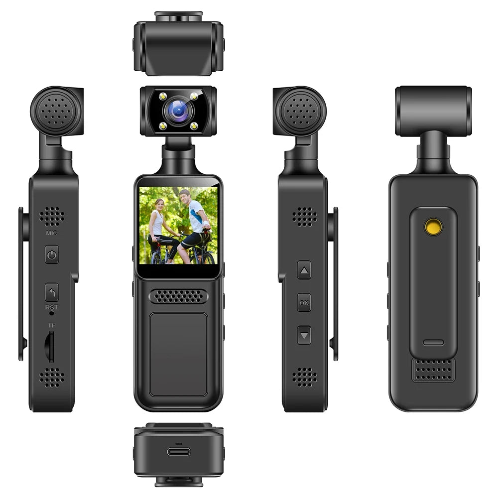 Black plastic handheld body camera with a rotating lens, screen, control buttons, and rear clip from multiple angles.