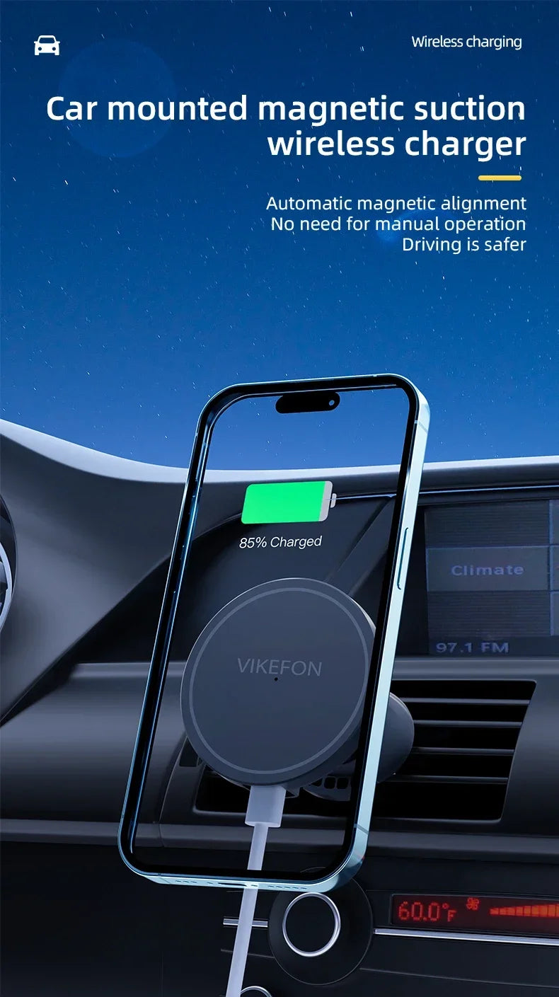 A circular, dark grey magnetic wireless car charger mounted on a vehicle air vent, holding a smartphone.