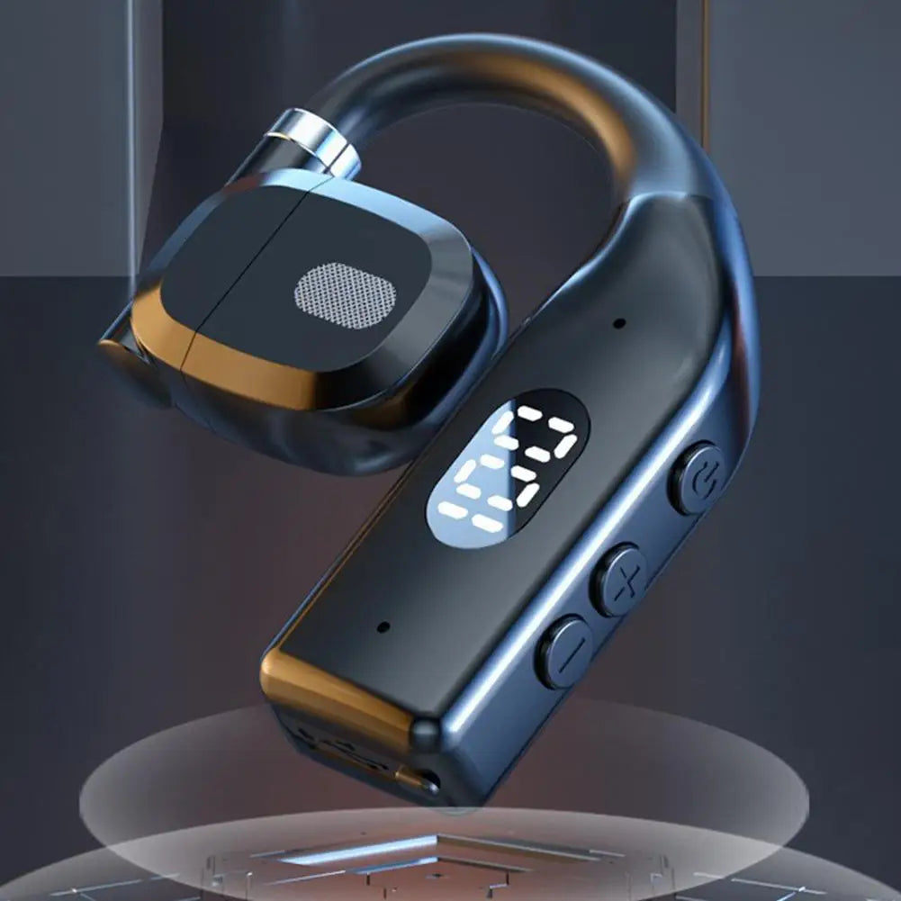 Black ear-hook wireless earbud with a sleek metallic finish, digital battery display, and side control buttons.