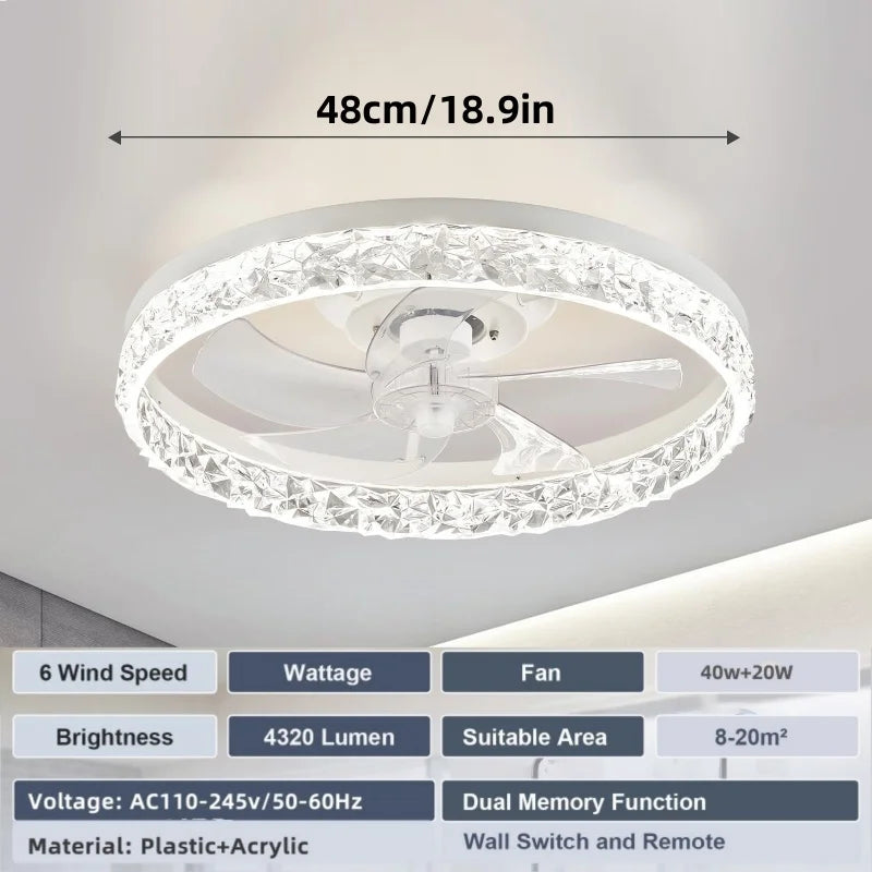 White 48cm flush-mount LED ceiling fan with a decorative crystal-style trim, clear blades, and remote control.