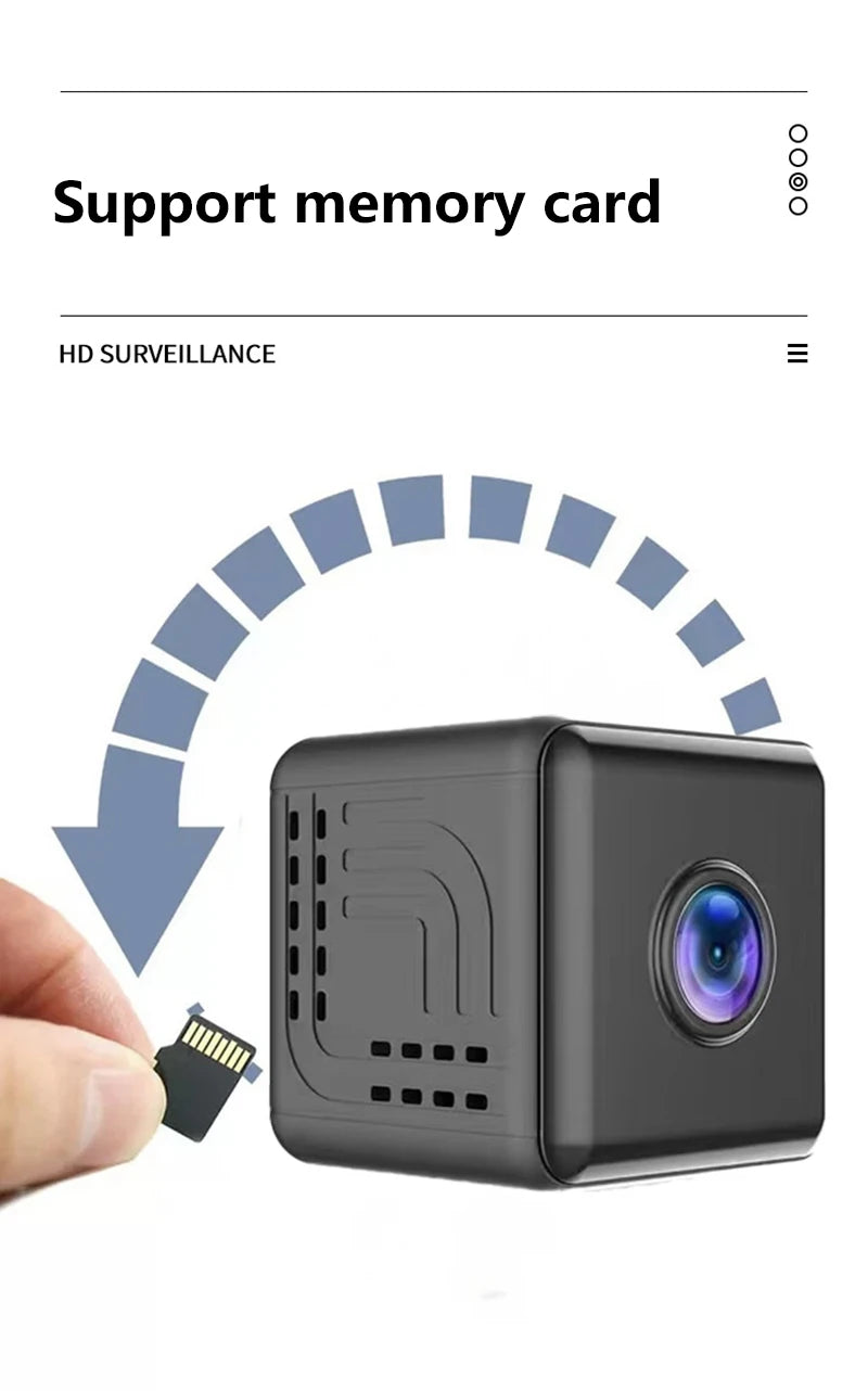 Small, black cube-shaped wireless security camera being fitted with a micro SD memory card.