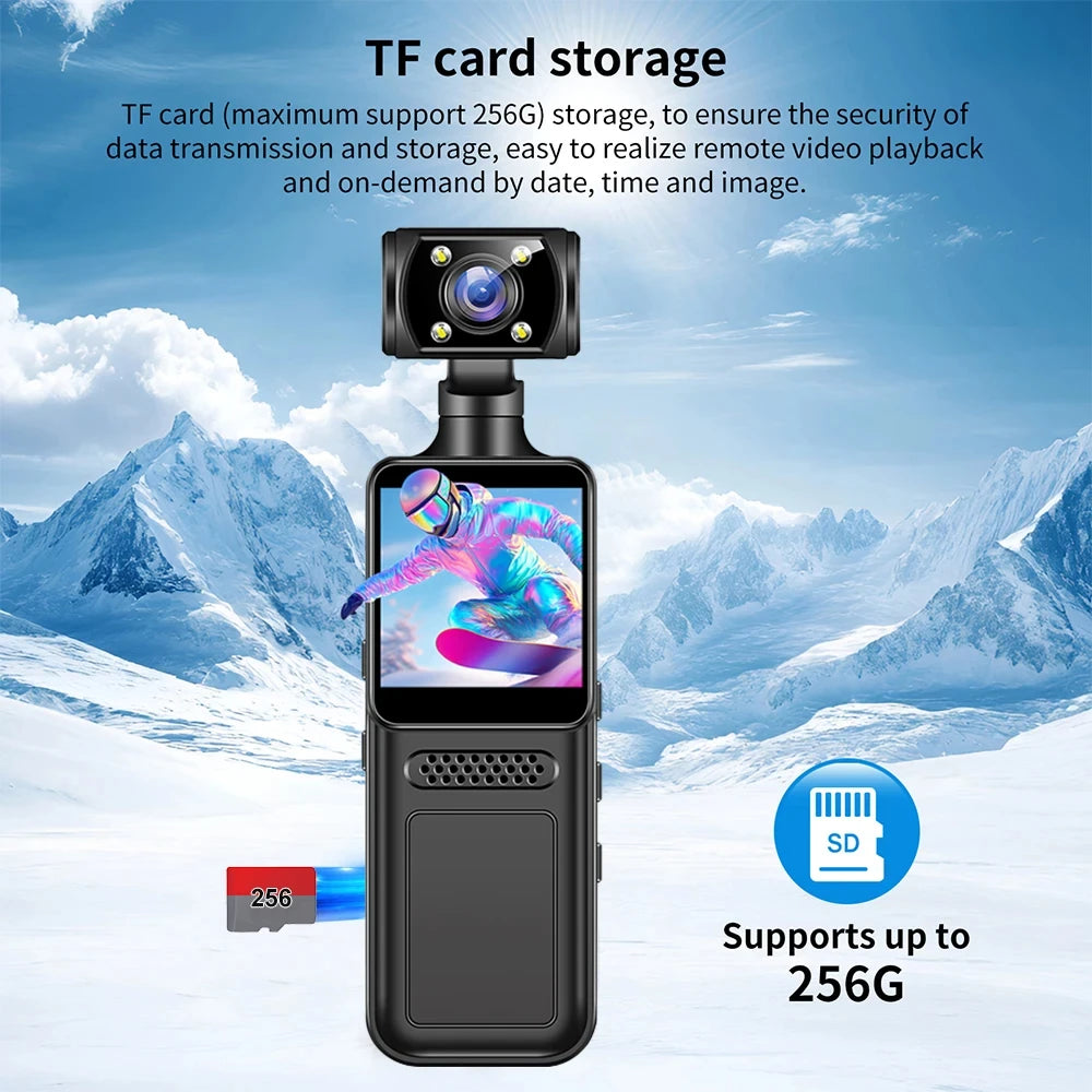 Black plastic body camera with a rotatable lens, screen, and slot for a 256GB TF memory card.