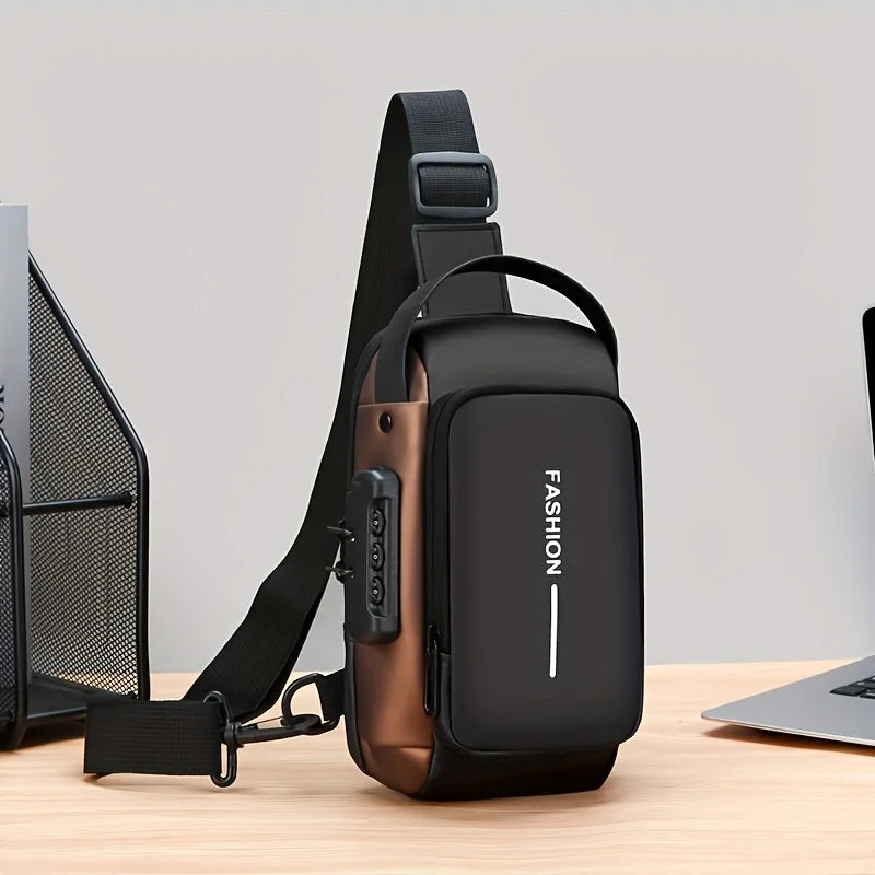Black and bronze anti-theft sling bag with a secure combination lock and adjustable shoulder strap.