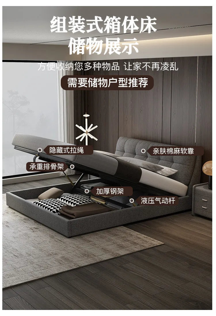 Modern grey upholstered double bed with a buttoned headboard and a gas-lift storage base for hidden bedroom storage.