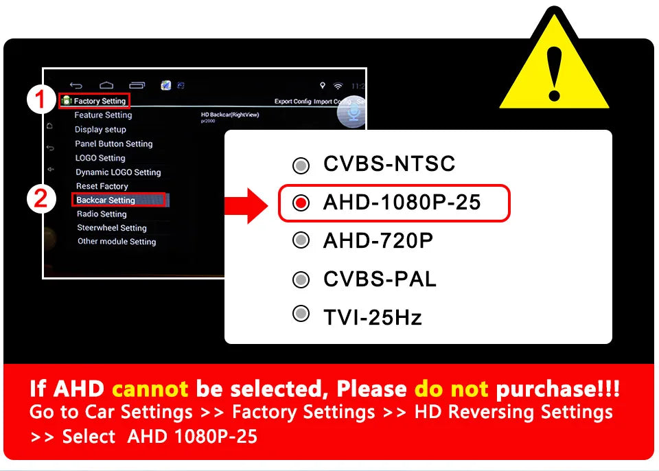 Digital interface showing the menu steps to select the AHD 1080P-25 setting for the vehicle reversing camera.