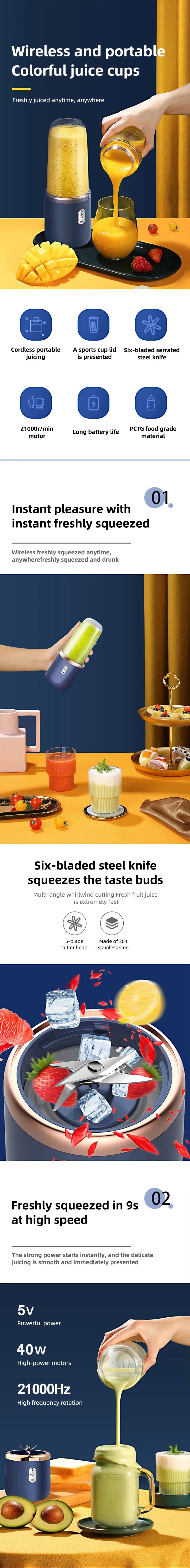 A navy blue wireless portable blender with a six-blade steel design for making fresh juice.