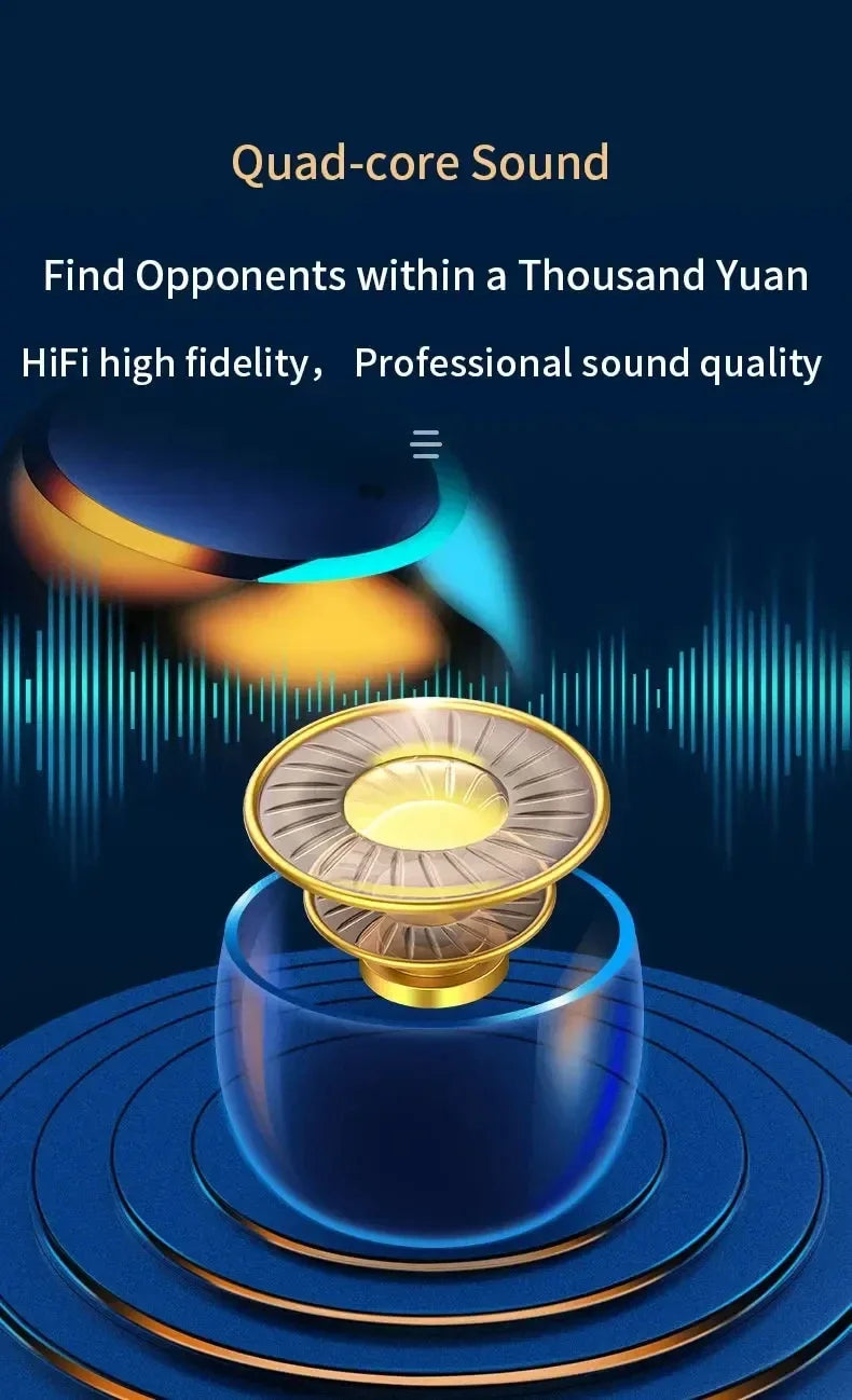 Gold and clear headphone driver component shown in an exploded view against a blue, tech-focused background.