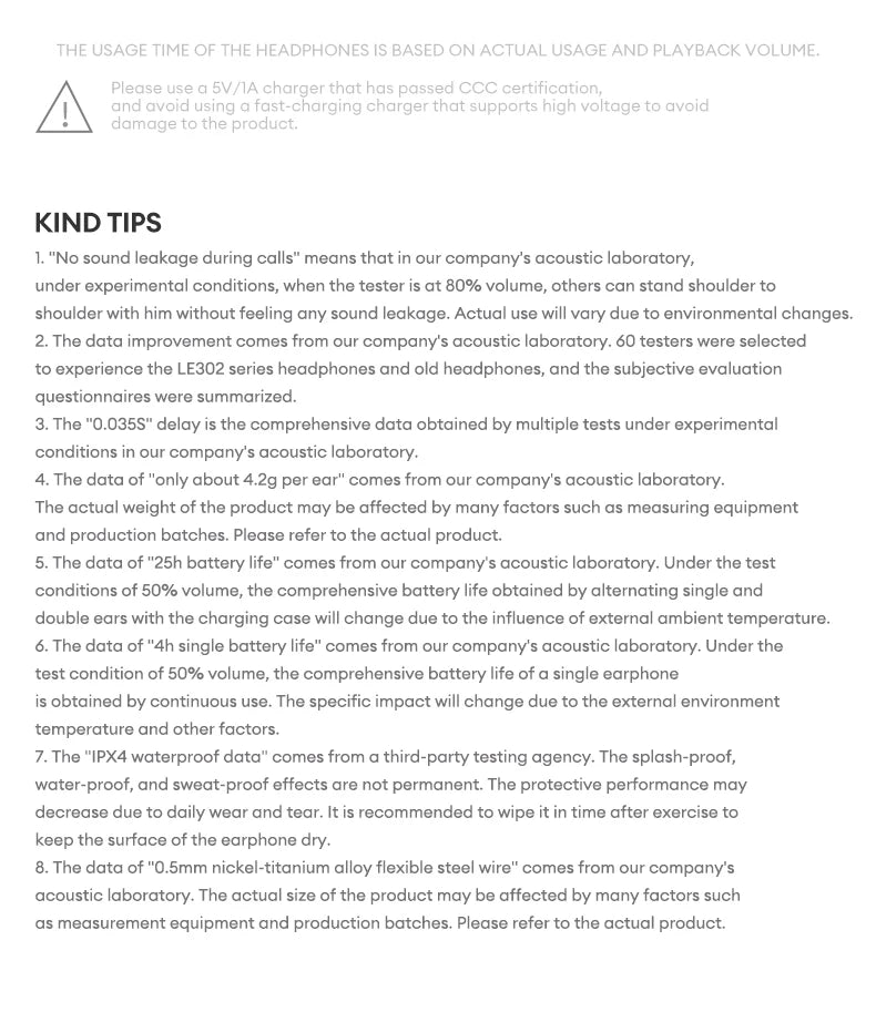 Informational graphic for wireless headphones featuring technical specifications, battery life, and usage safety tips.