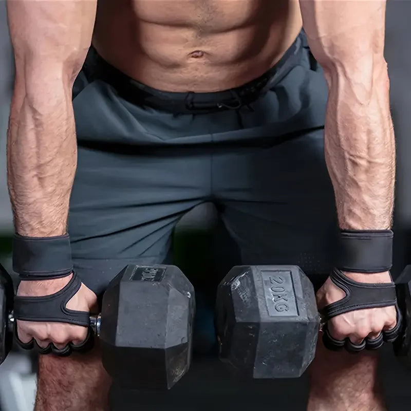 Close-up of a muscular person wearing black fingerless weightlifting gloves and wrist supports, holding 20kg dumbbells.