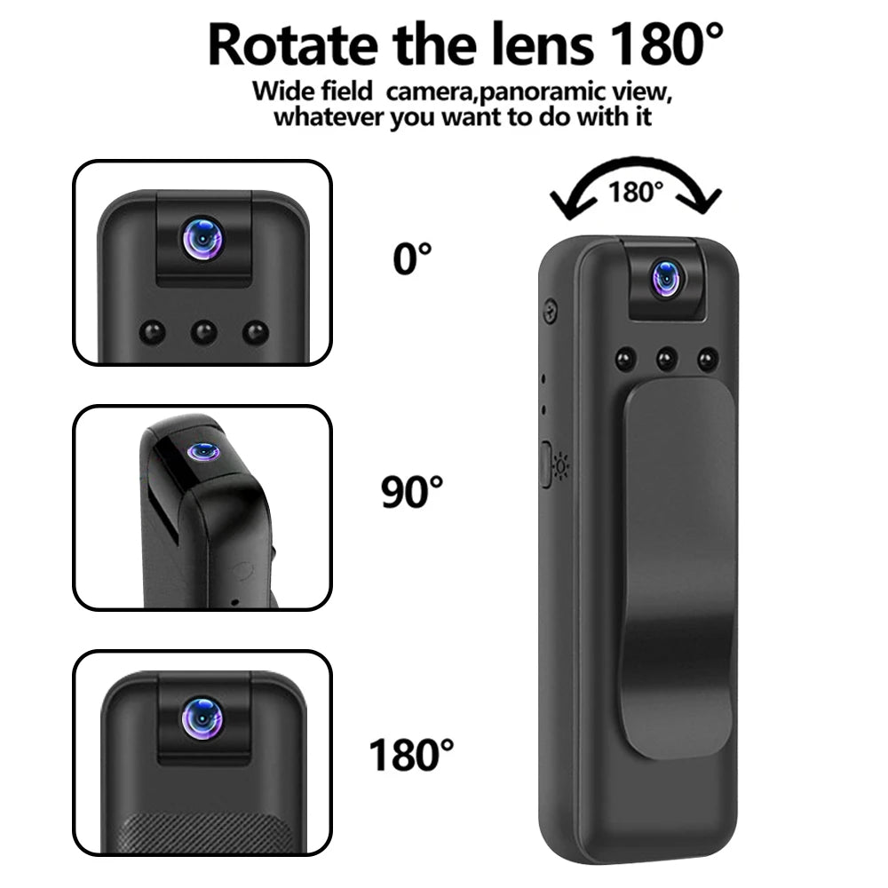 Black plastic body camera with a clip and a manual 180-degree rotating lens for flexible viewing angles.