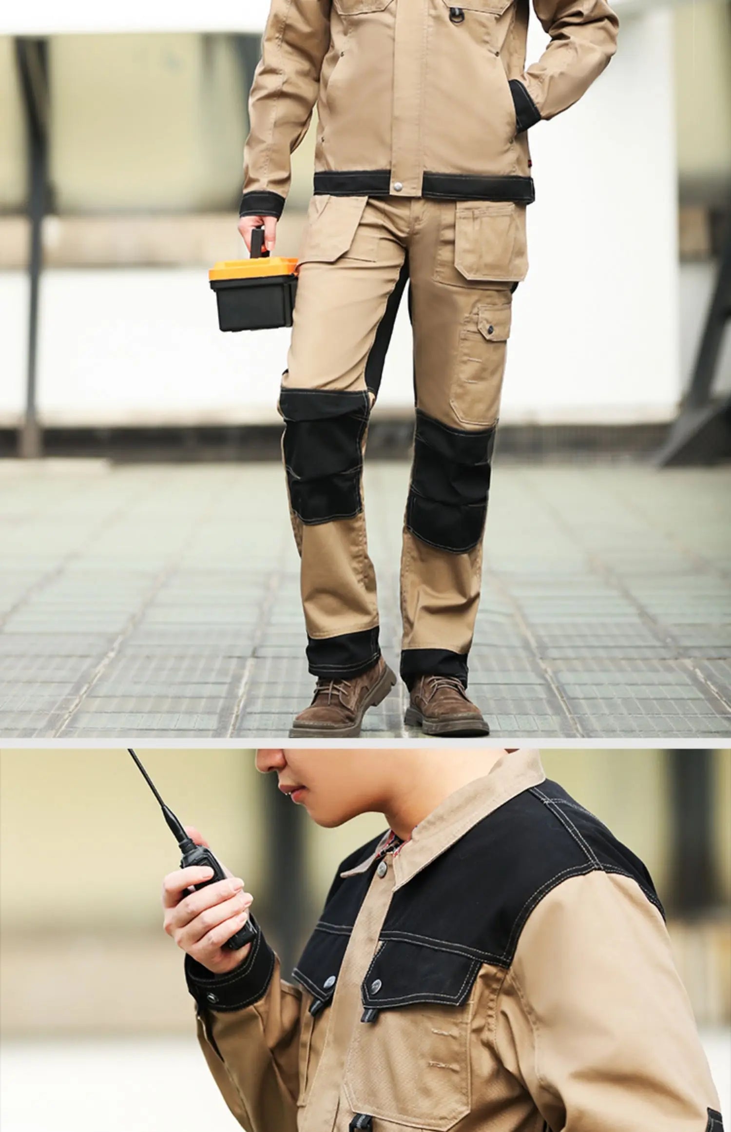 Men’s beige cargo work trousers featuring black reinforced knees, multiple utility pockets, and a matching work jacket.