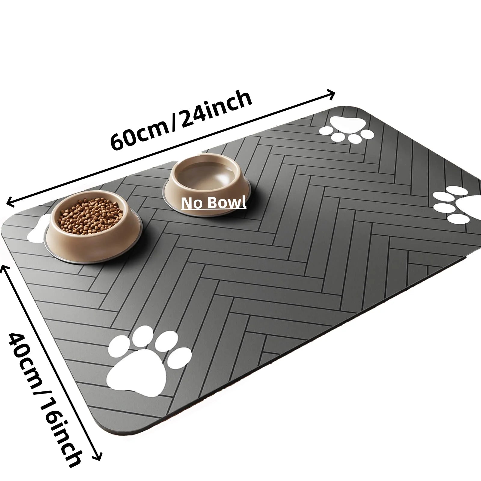 Grey pet feeding mat, 60x40cm, with a herringbone pattern and white paw print accents. One food bowl shown.
