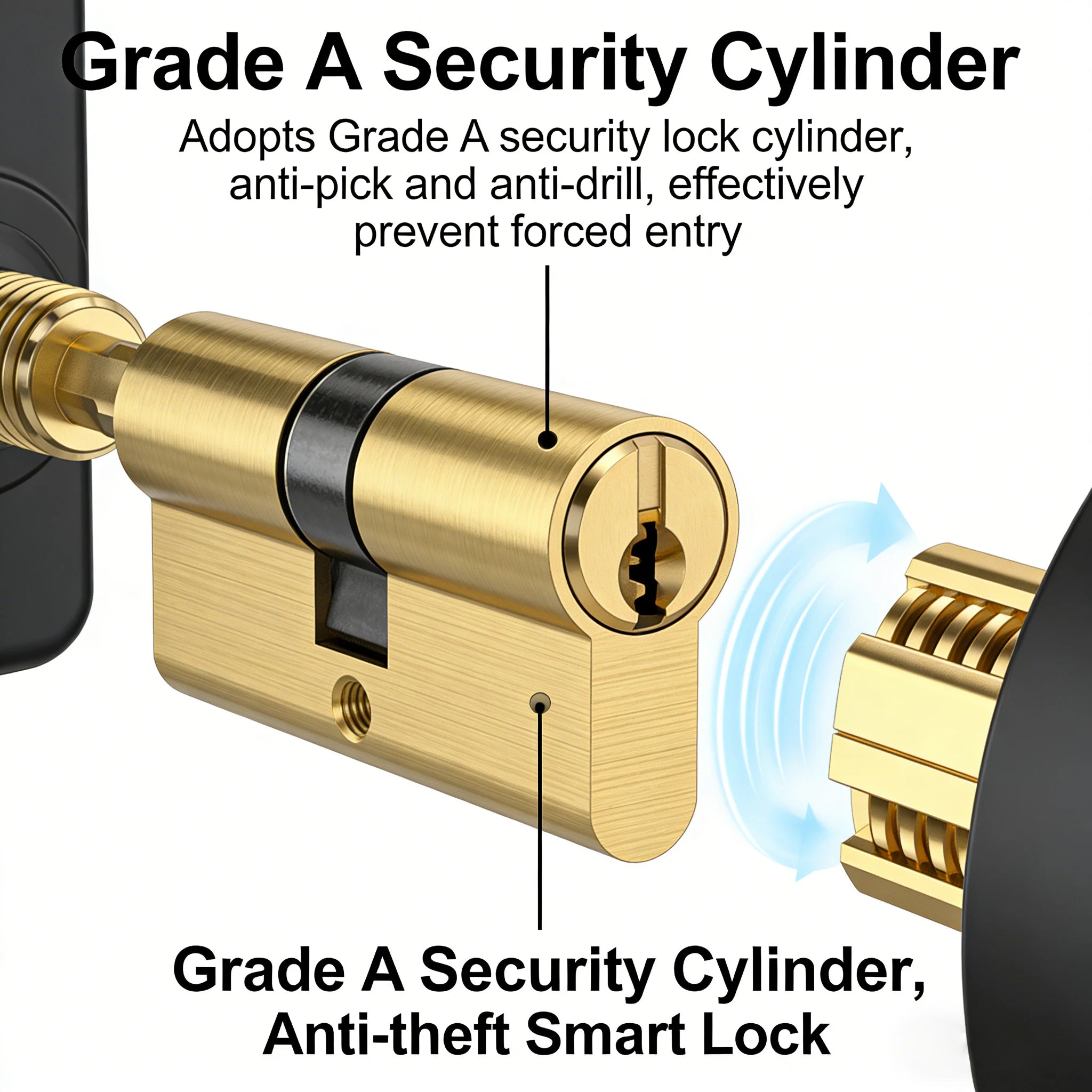 Gold-colored brass security door lock cylinder with a keyway, featuring an anti-pick and anti-drill design.