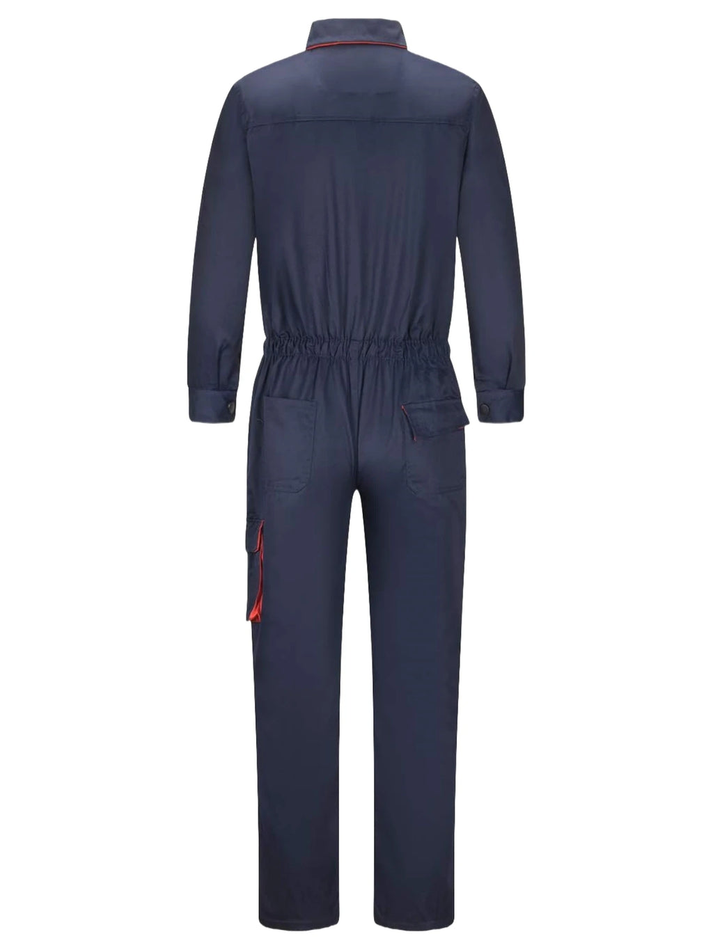 Rear view of navy blue mechanic coveralls with an elasticated waist, red detailing, and multiple utility pockets.