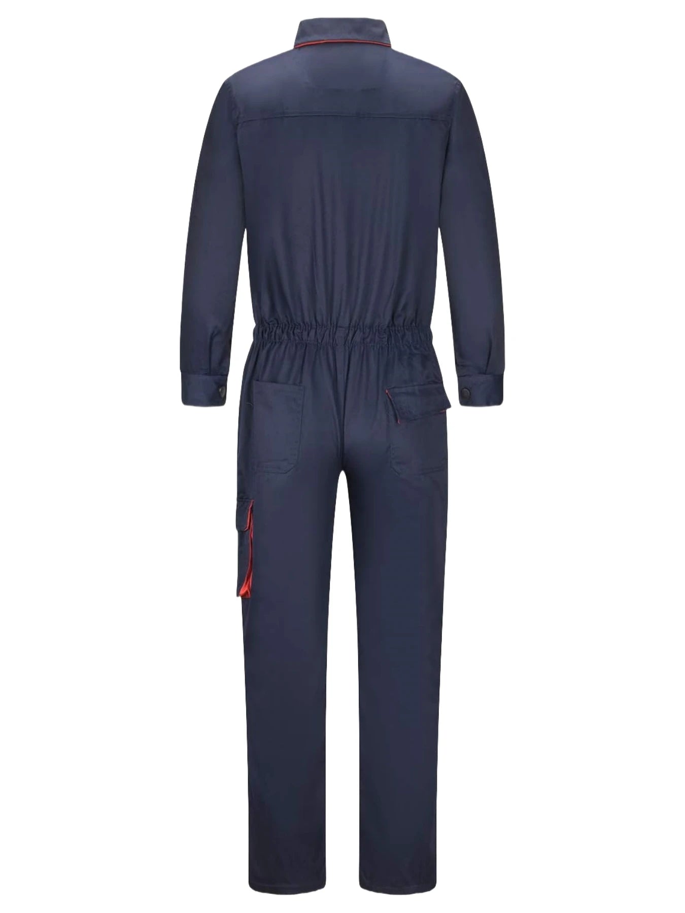 Rear view of navy blue mechanic coveralls with an elasticated waist, red detailing, and multiple utility pockets.