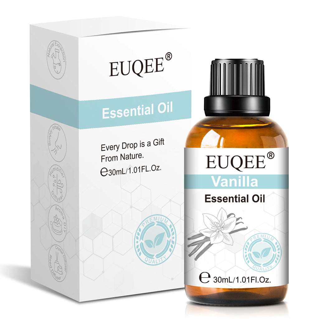 30ml bottle of Vanilla essential oil in an amber glass dropper bottle with its matching white and light blue box.