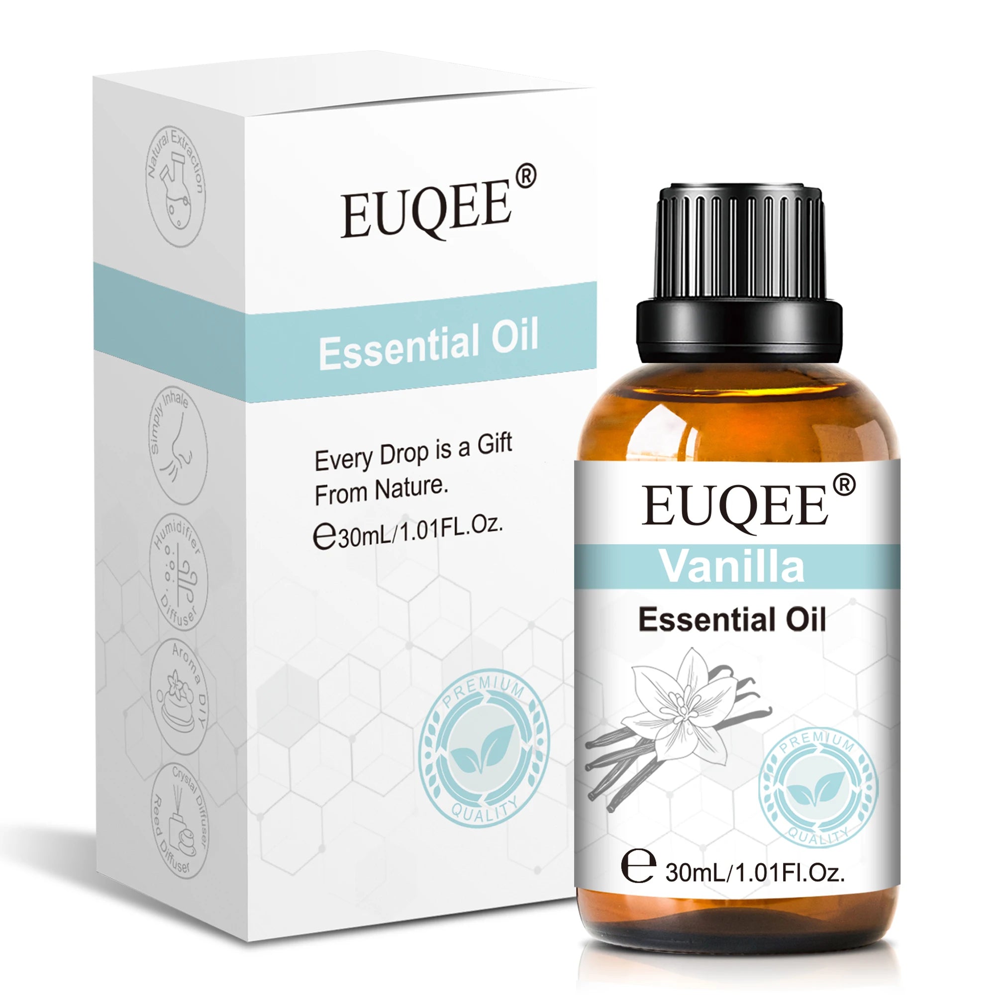 30ml bottle of Vanilla essential oil in an amber glass dropper bottle with its matching white and light blue box.