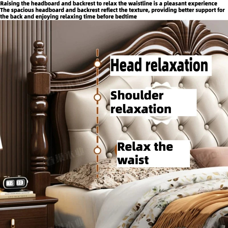 Retro dark wood double bed with an ornate carved headboard and cream button-tufted upholstery for back support.