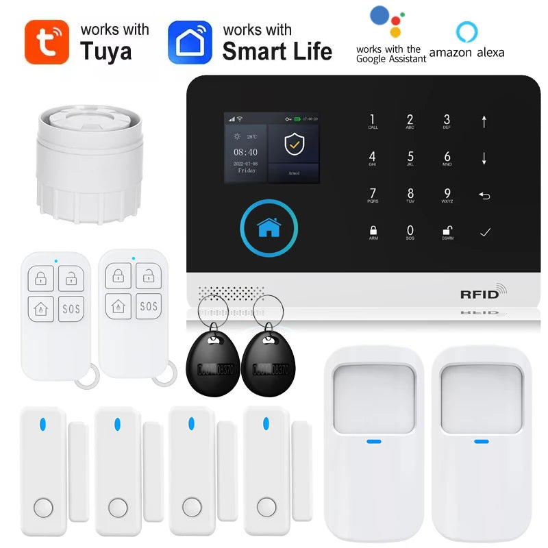 White wireless home security alarm kit with touchscreen display, motion sensors, key fobs, and door contact sensors.
