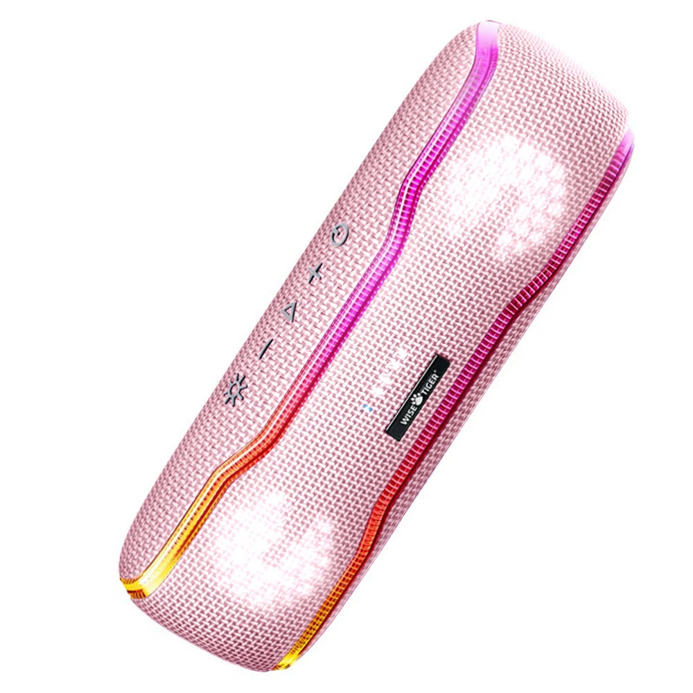 Pink cylindrical waterproof Bluetooth speaker with a woven fabric texture and colourful integrated LED light strips.