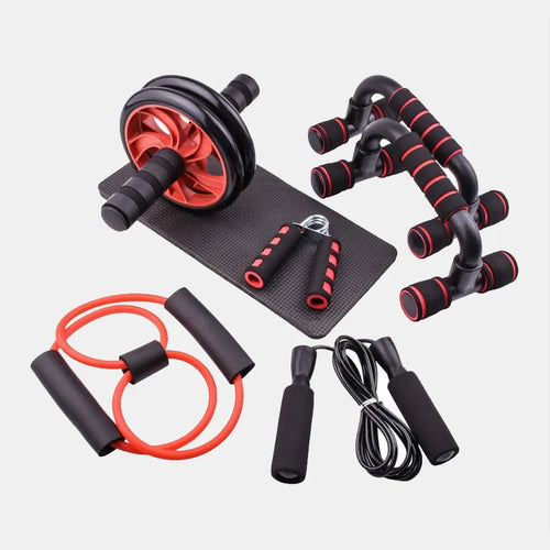 7-piece fitness set including a black and red ab wheel, push-up bars, hand gripper, resistance band, and jump rope.