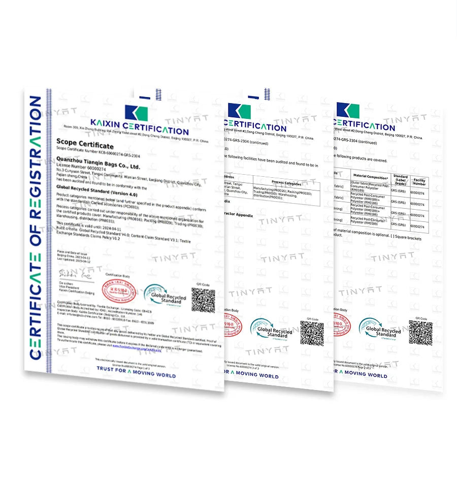 Three pages of a Global Recycled Standard certification document for a waterproof sling bag.