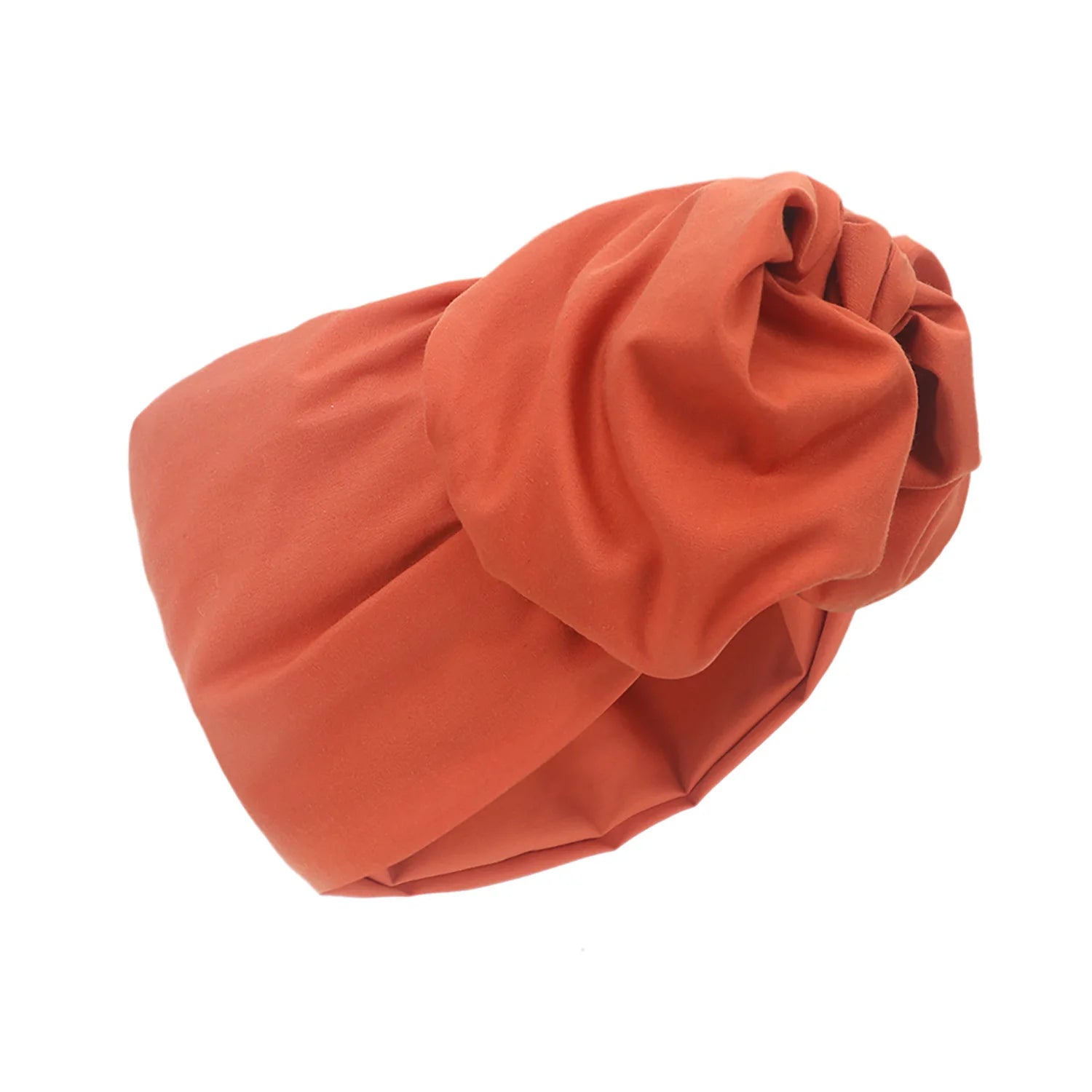 A rust-coloured vintage-style turban hat with a gathered, knotted front detail.