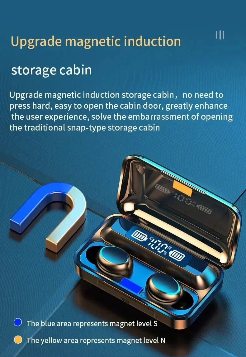 Black wireless earbuds in a metallic charging case with a digital battery display, placed next to a horseshoe magnet.