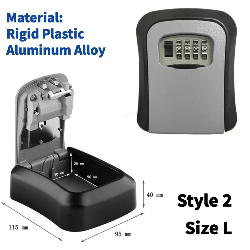 Large black and grey wall-mounted key lock box with a 4-digit combination dial, shown open and closed with dimensions.