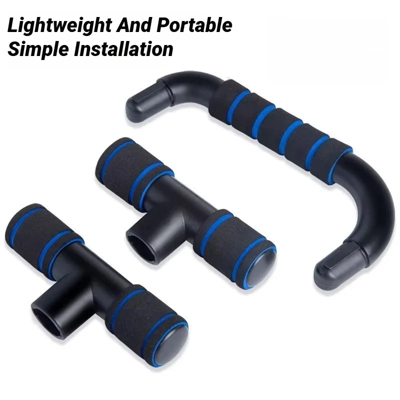 Pair of black and blue foam-padded push-up bars, shown dismantled into three modular pieces.