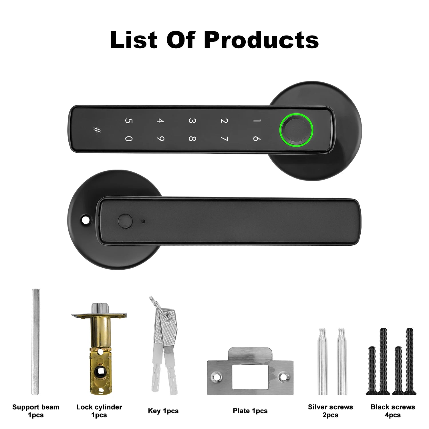 Black metal smart door handle set with digital keypad, fingerprint scanner, lock cylinder, keys, and installation parts.