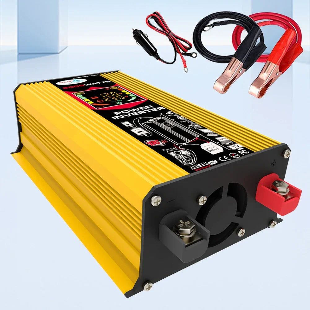 Yellow 6000W car power inverter with digital display, cooling fan, dual USB ports, and battery connection cables.