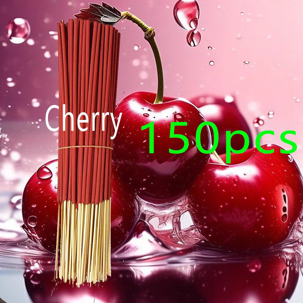 Bundle of 150 cherry-scented incense sticks in deep red, set against a background of fresh cherries and water droplets.