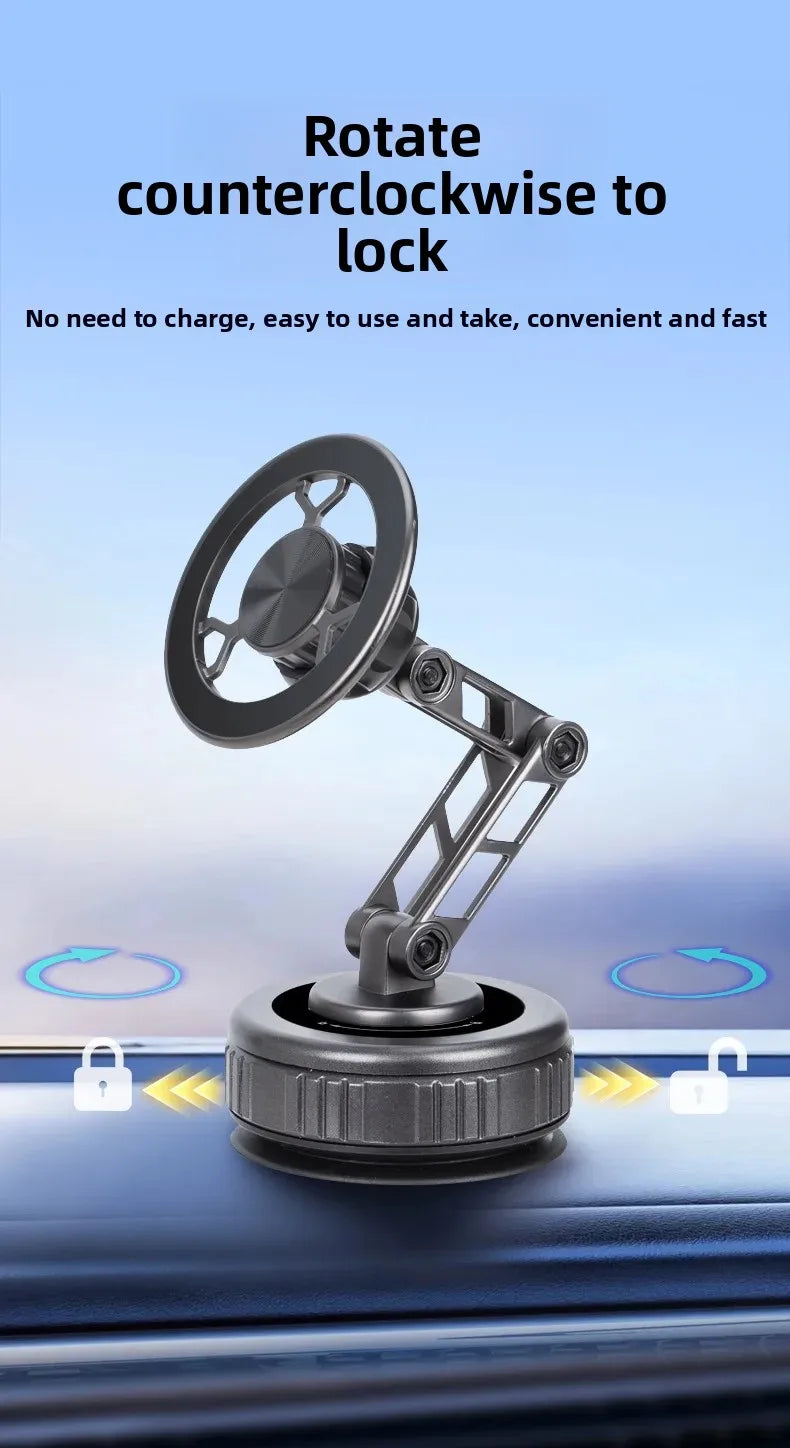 Adjustable charcoal gray metallic car phone mount with a rotating locking base, shown against a blue sky background.