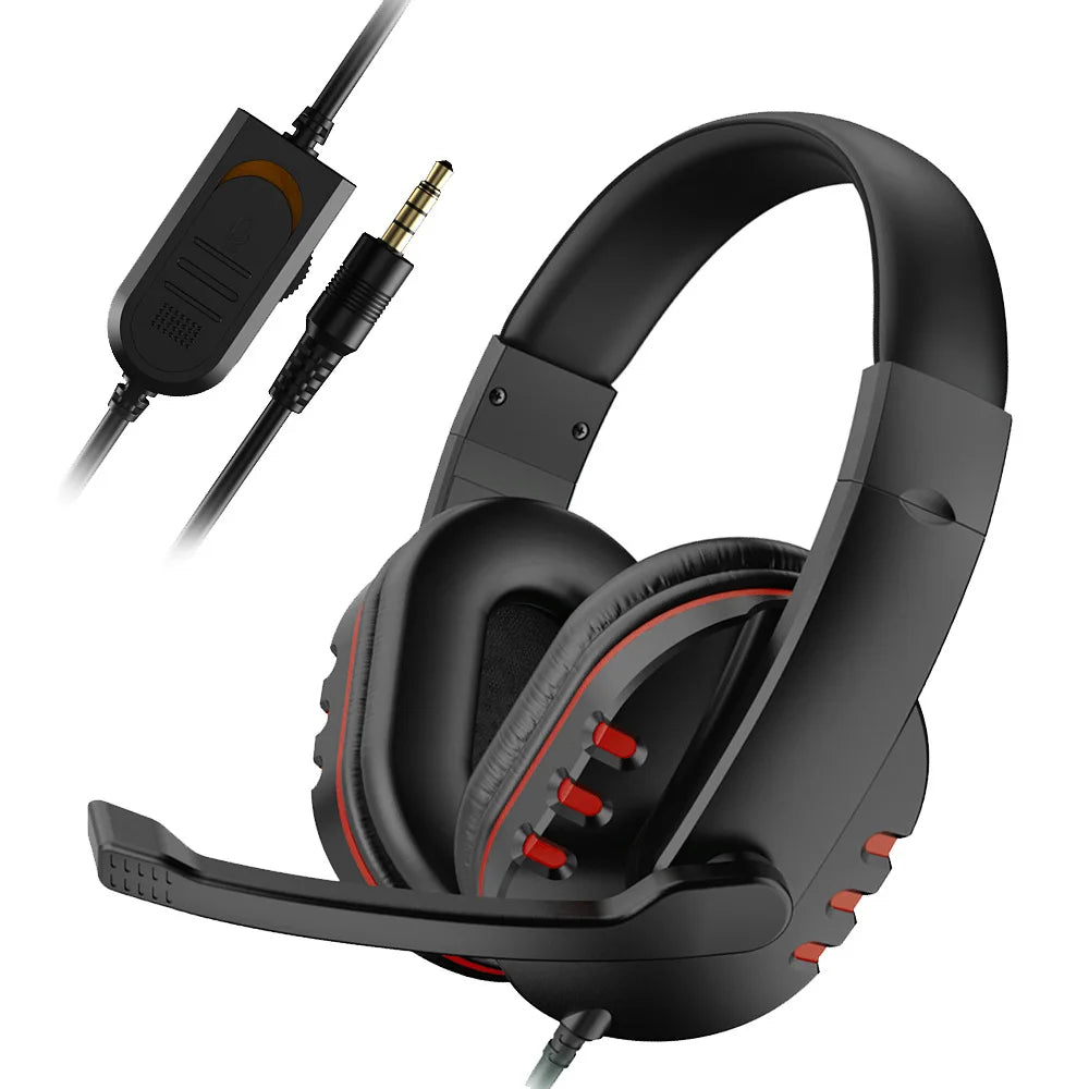 Black wired gaming headset with red accents, integrated microphone, and an in-line volume control unit.